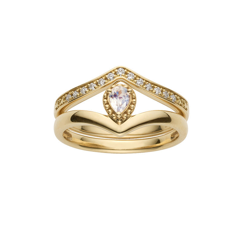 S925 Silver Plated 14K Gold Moonstone V-shaped Drop Ring