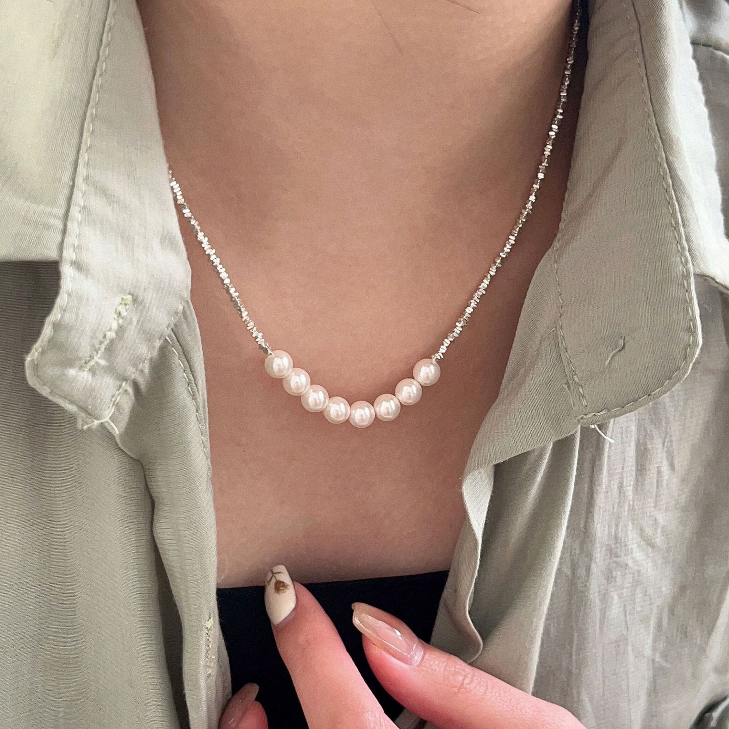 S925 Sterling Silver Slock Pearl Necklace