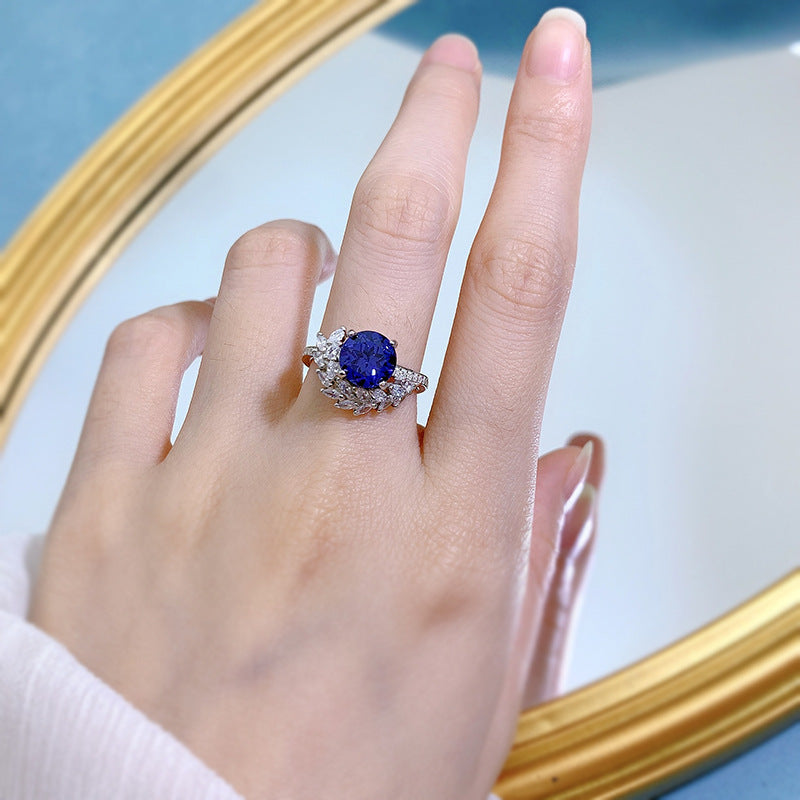 S925 Silver Blue Treasure 8mm Round Diamond Ring