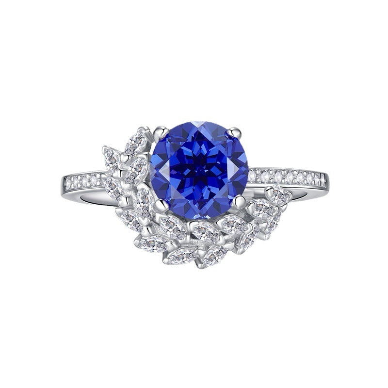 S925 Silver Blue Treasure 8mm Round Diamond Ring