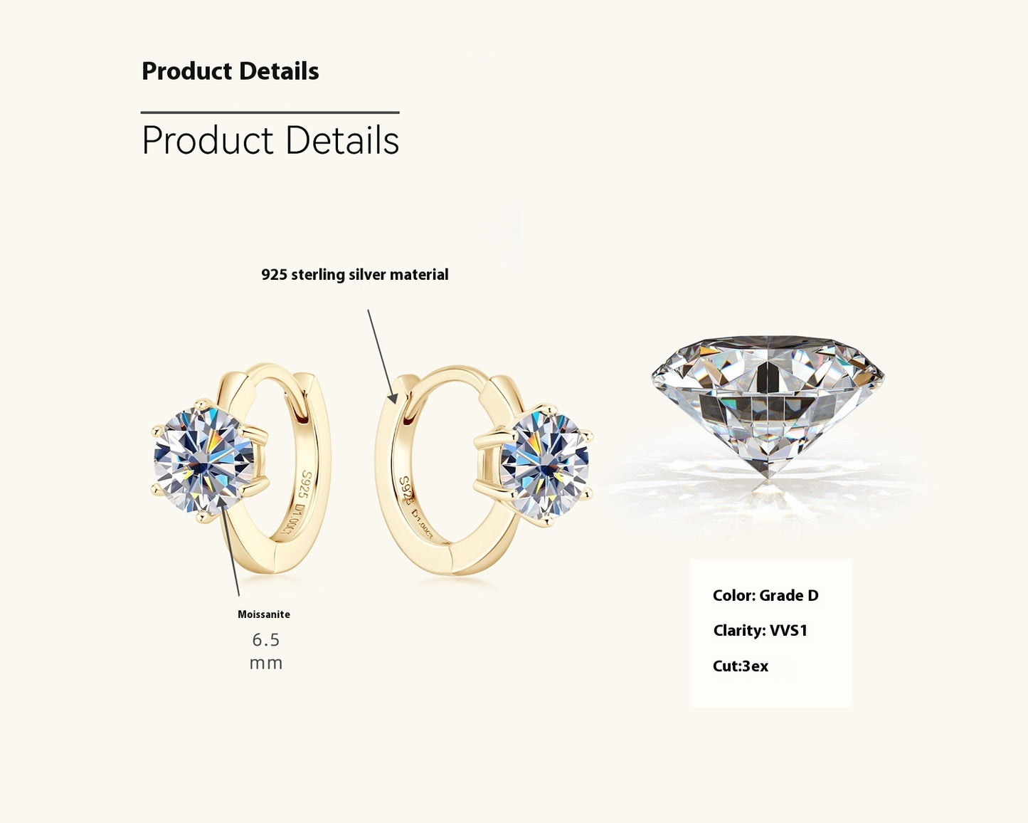 Fashion Simple Moissanite Ear Ring S925 Silver Earrings