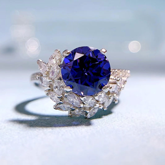 S925 Silver Blue Treasure 8mm Round Diamond Ring