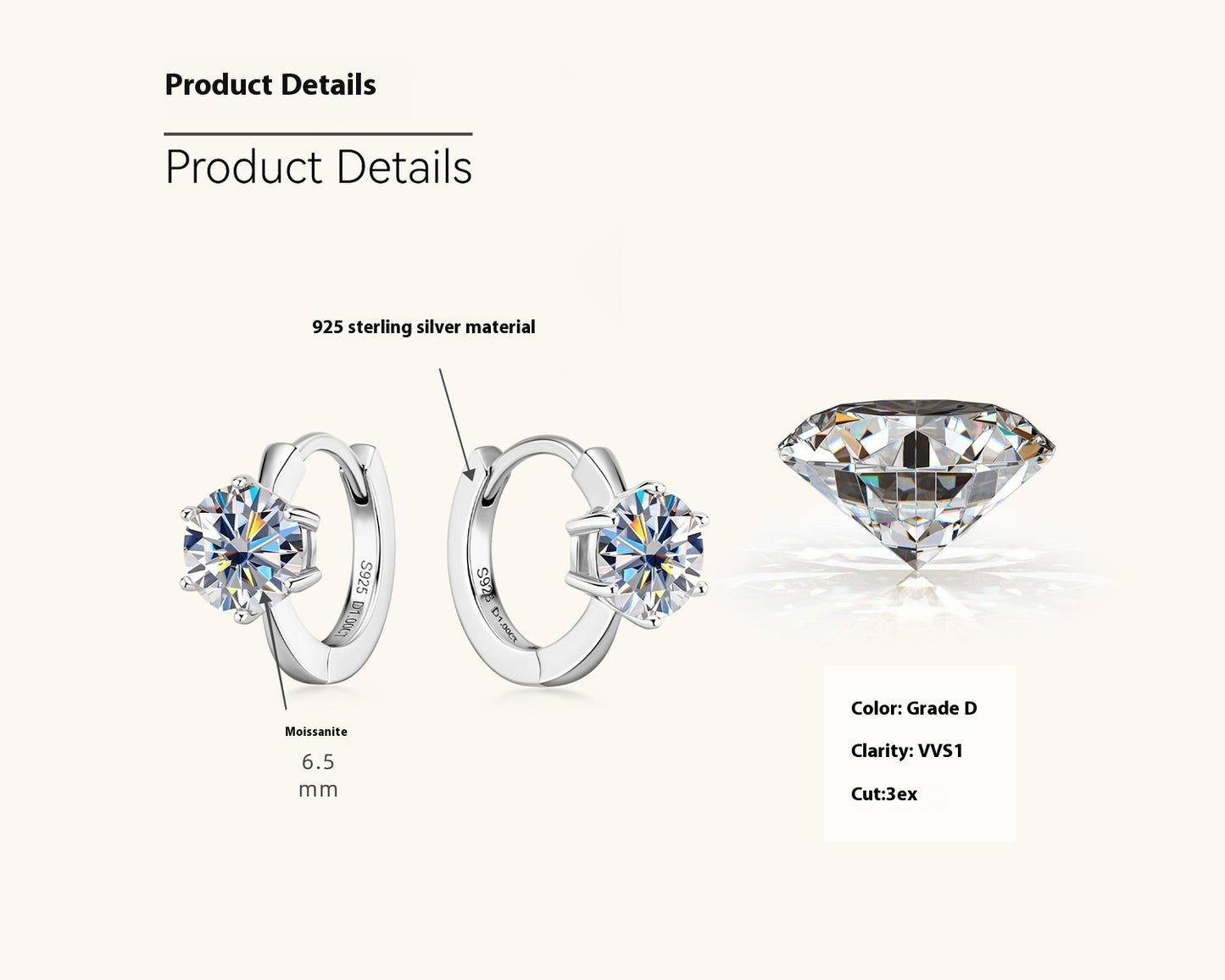 Fashion Simple Moissanite Ear Ring S925 Silver Earrings