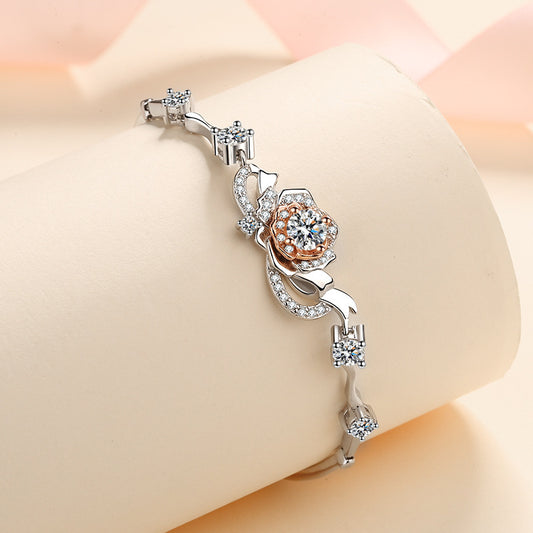 A Rose Bracelet Female S925 Silver Bracelet Inlaid Moissanite Bracelet