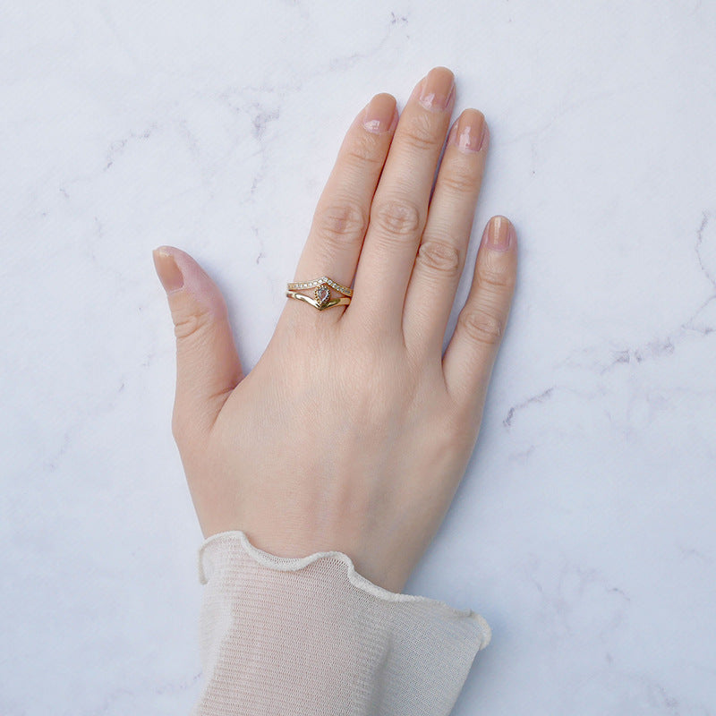 S925 Silver Plated 14K Gold Moonstone V-shaped Drop Ring